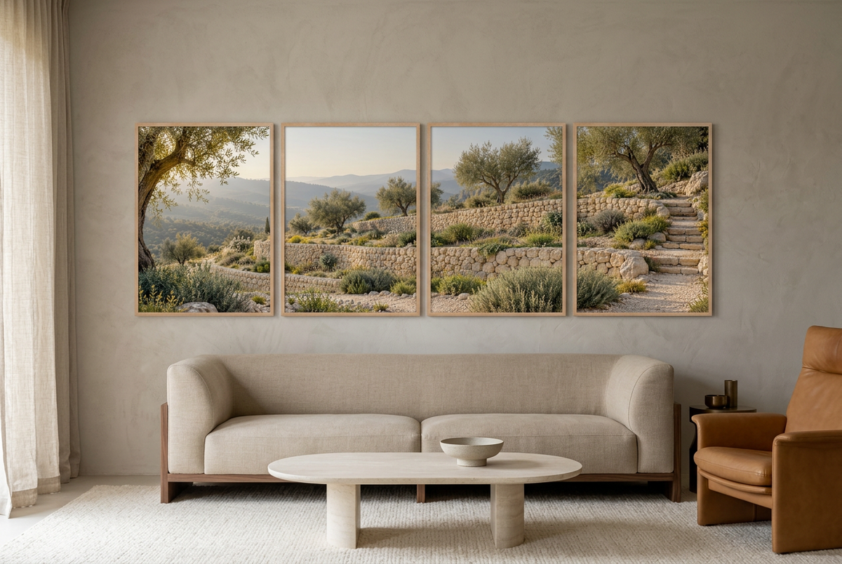 The Dry-Stone Terraces — 4-panel wall art: terraced olive groves on the hillside, in a living room, oak frames