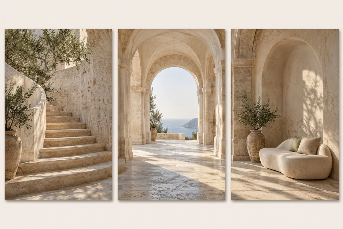 The Loggia — 3-panel wall triptych: travertine staircase, vaults opening onto the sea, sofa in an alcove