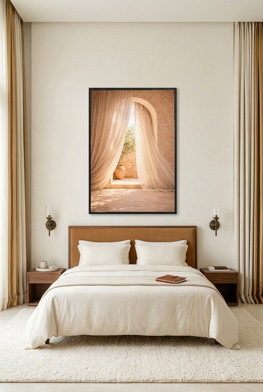 Lumière Voilée — poster in zwarte lijst in een slaapkamer