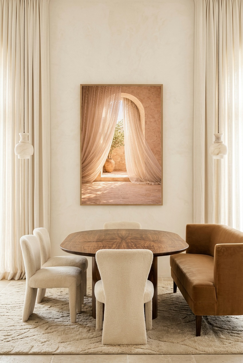 Lumière Voilée — poster in eikenhouten lijst in een eetkamer