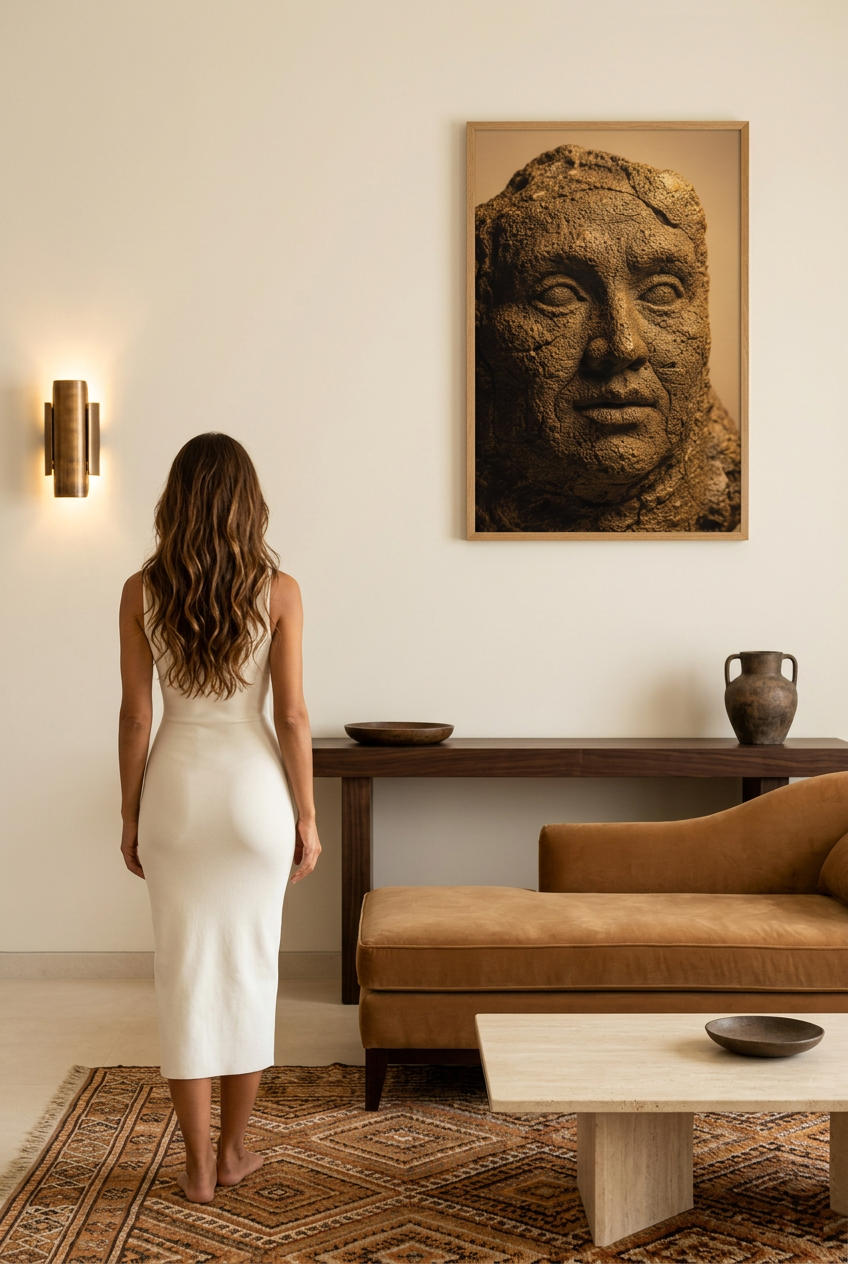 Stone Soul — woman in front of the poster in an oak frame