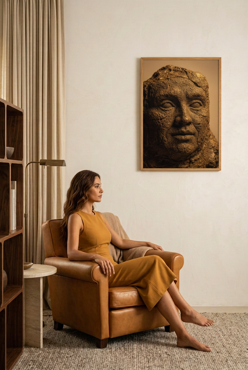 Stone Soul — woman seated in front of the poster in an oak frame