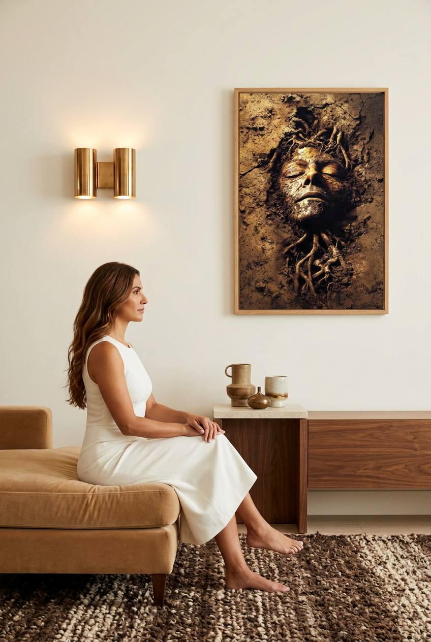 Soul of Earth — woman seated in front of the poster in an oak frame