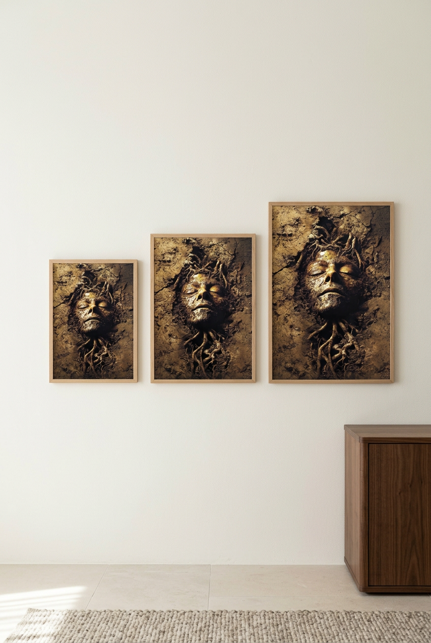 Soul of Earth — three sizes of the poster in oak frames
