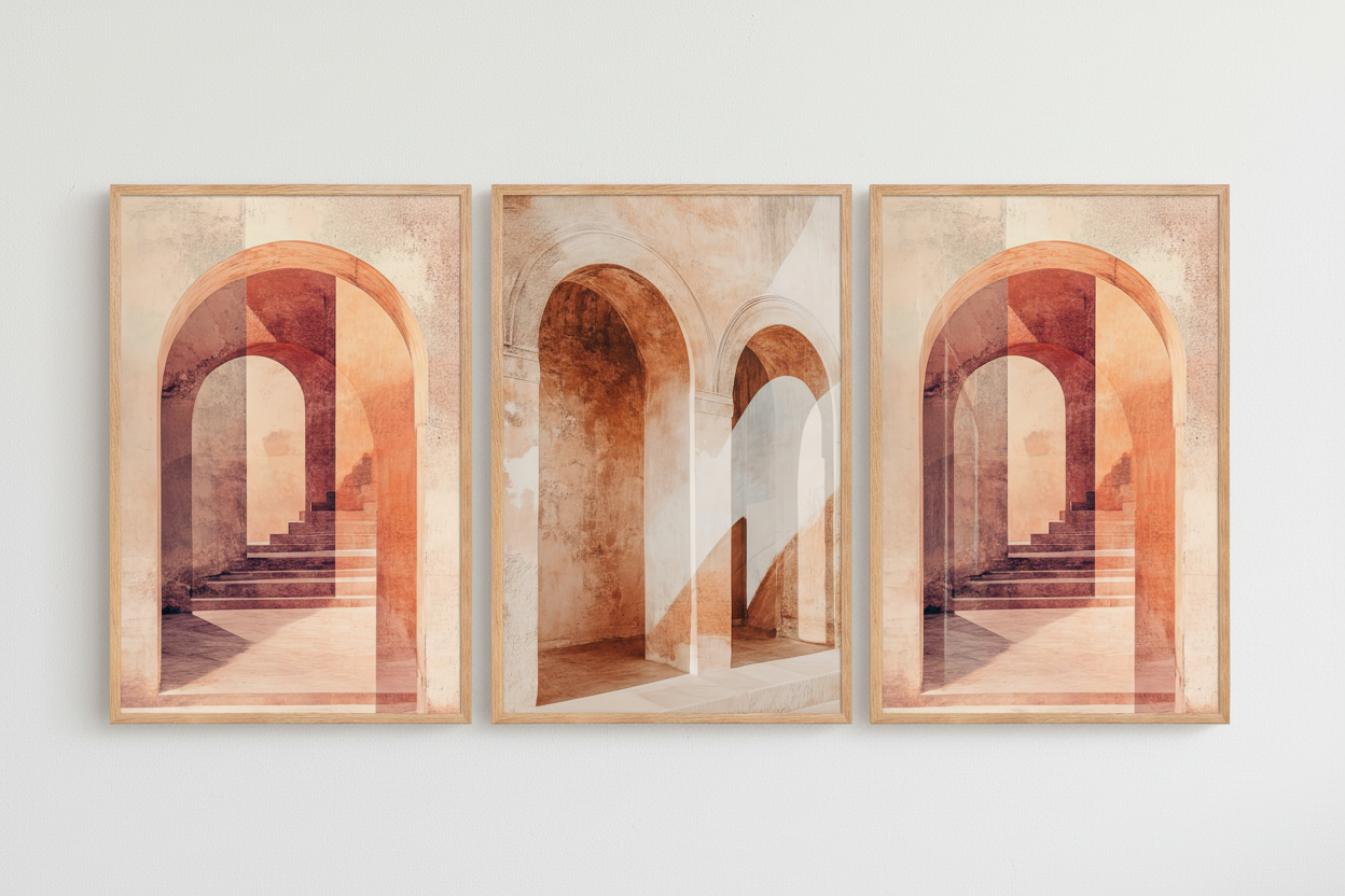 The Passage of the Arches wall triptych in a solid oak frame — three terracotta arches on a sand beige wall
