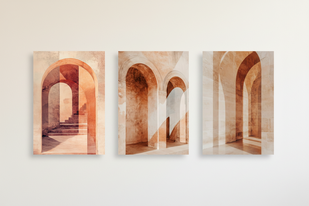 The Passage of the Arches wall triptych on 189 g/m² matte paper — three terracotta arches on a sand beige wall