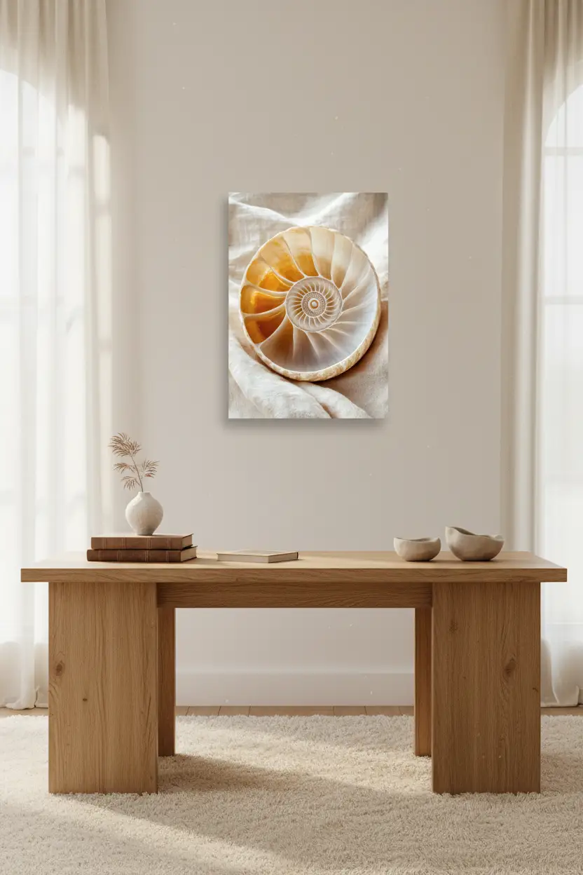 Gyllene Nautilus — Minimalistisk väggaffisch i elfenben, bärnsten och hav