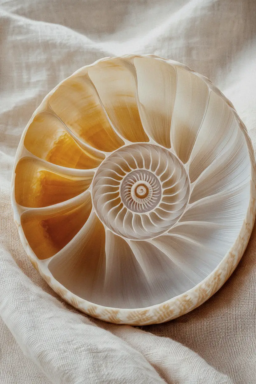 Gyllene Nautilus — Minimalistisk väggaffisch i elfenben, bärnsten och hav