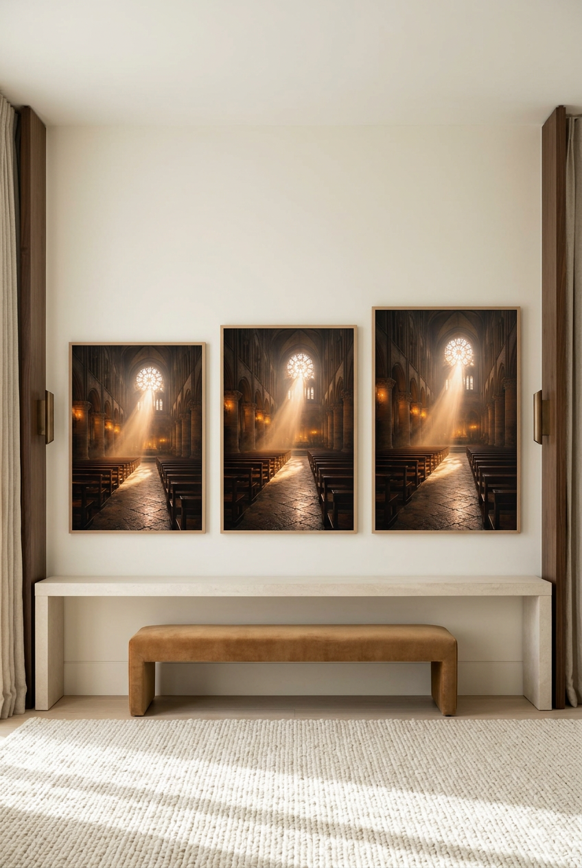 Nave of Light — three sizes of the poster in oak frames