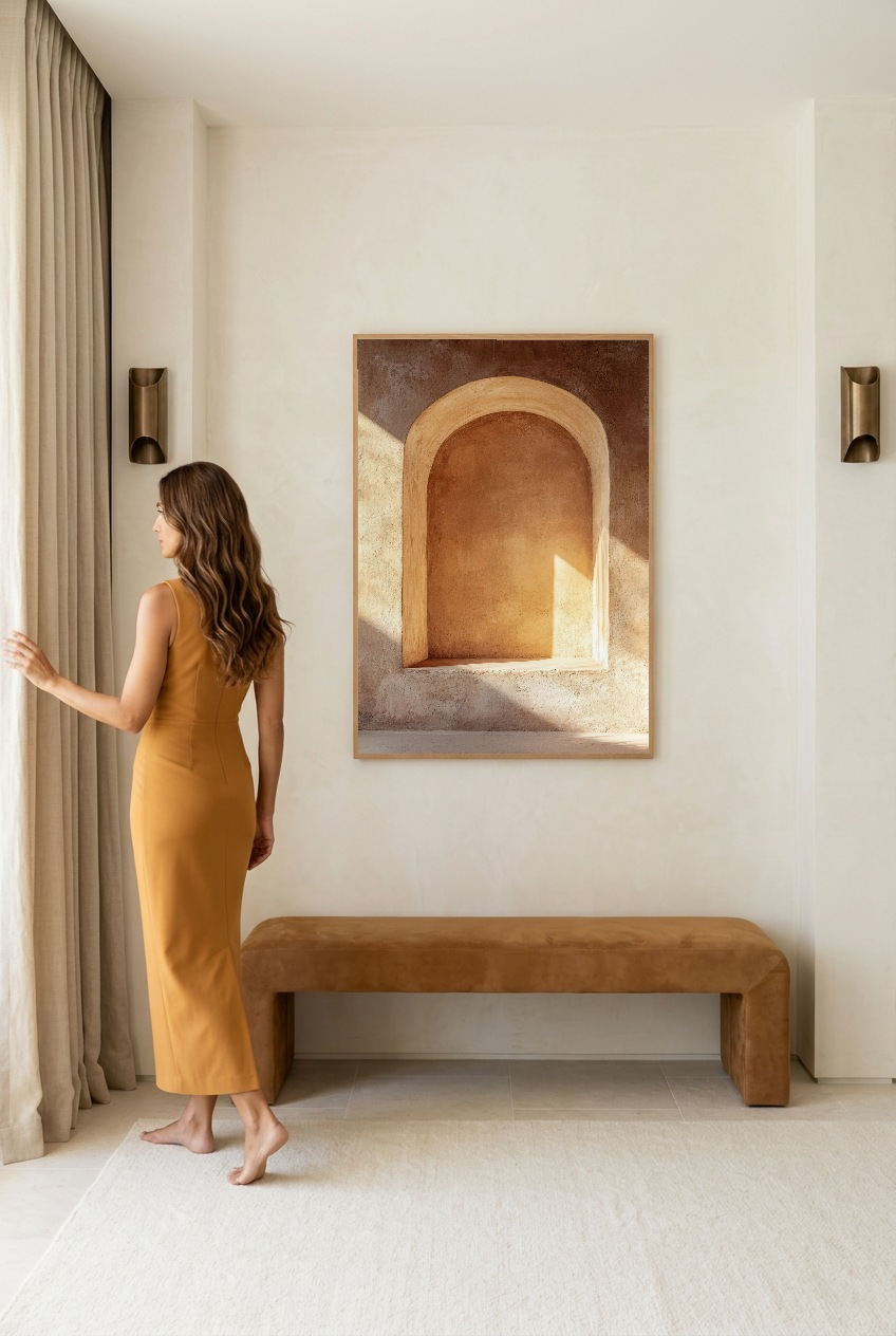 Niche Dorée — woman in front of the poster in an oak frame