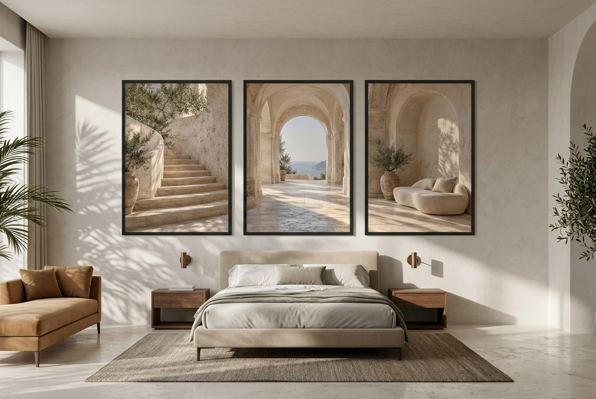 The Loggia — wall triptych, black frames, in a bedroom