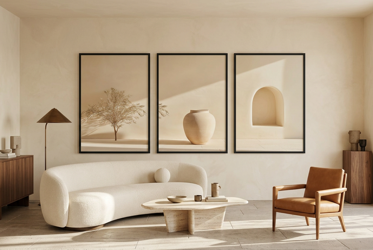 The Silent Courtyard — wall triptych in black frames in a living room