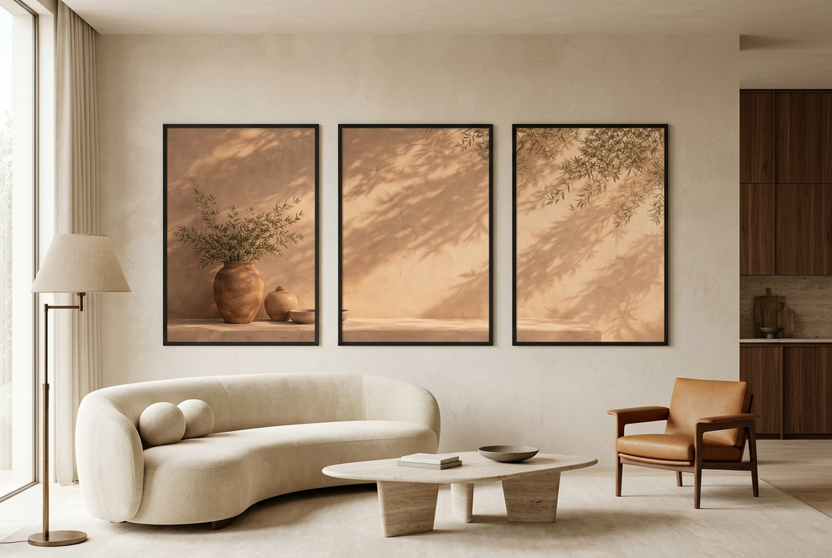 The Olive Hour — wall triptych in black frames in a living room