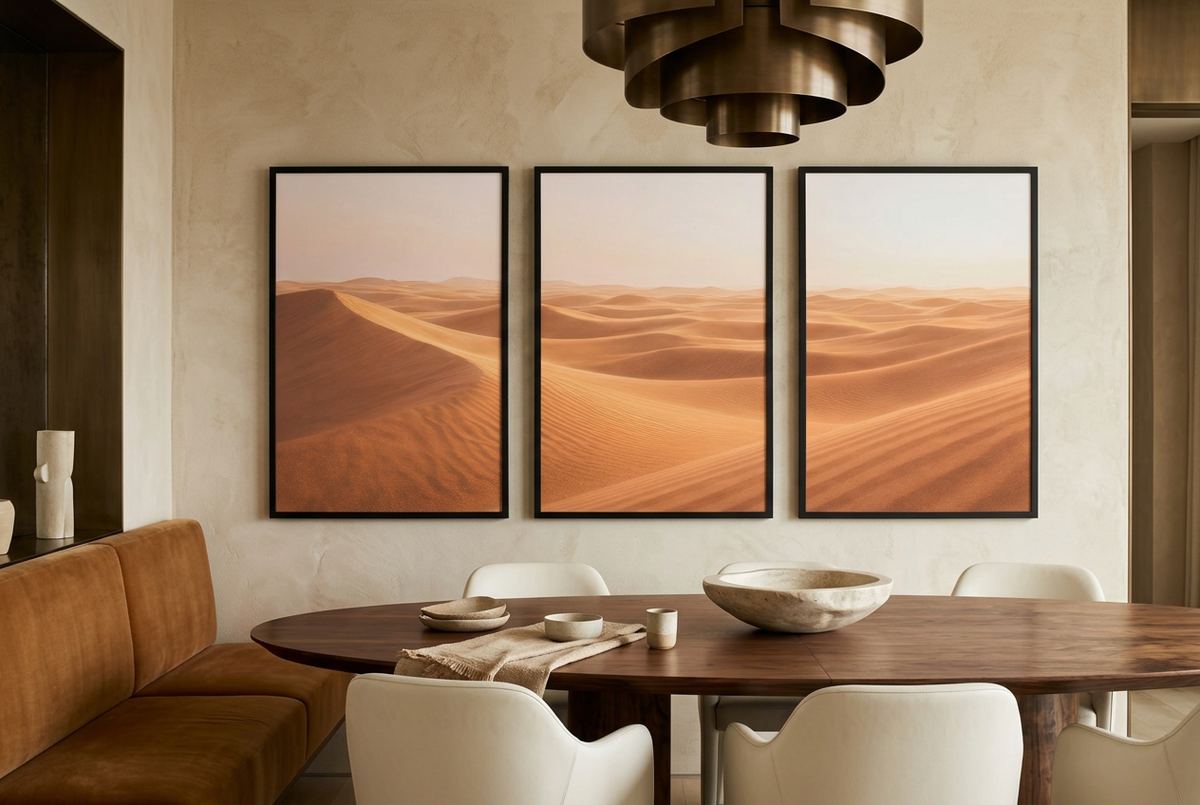 The Great Desert — wall triptych in black frames in a dining room