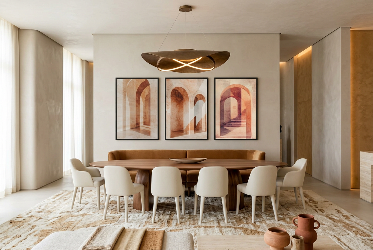 The Passage of the Arches — wall triptych in black frames in a dining room