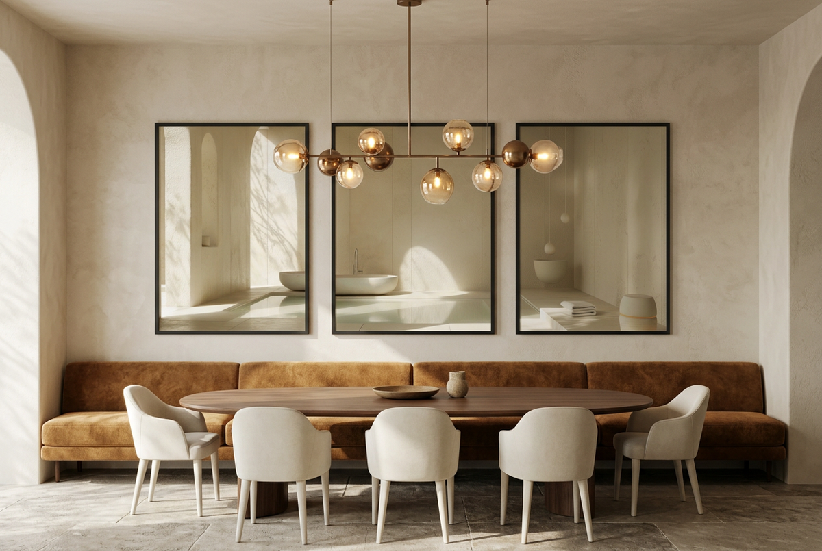 The Stone Baths — wall triptych in black frames in a dining room