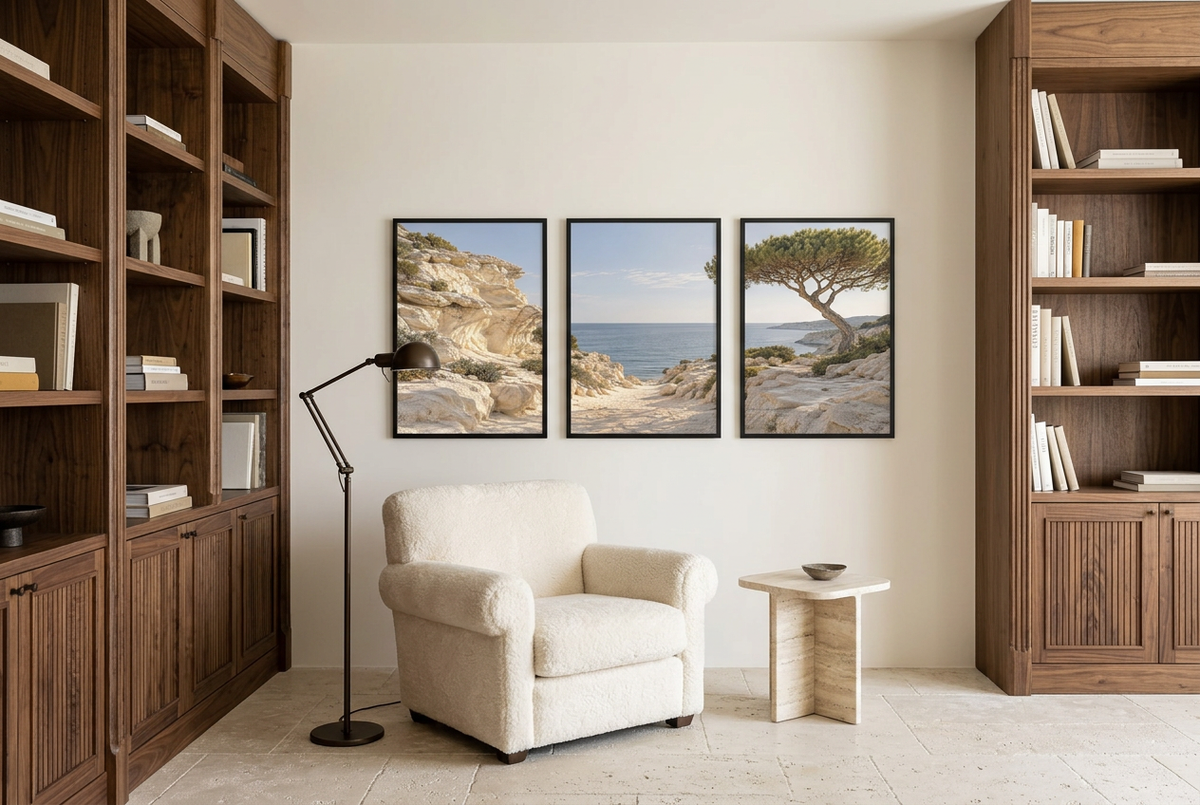 The Calanque — wall triptych, black frames, in front of a bookcase