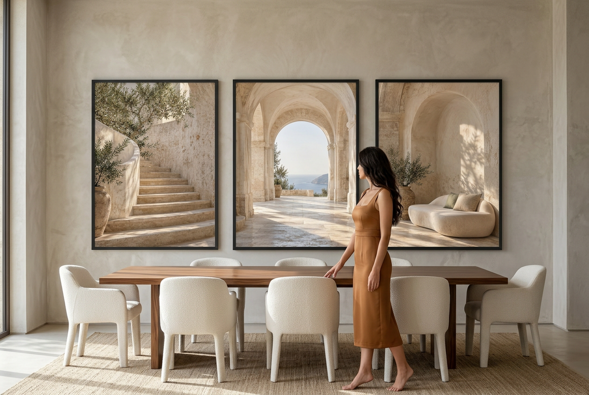 The Loggia — wall triptych, black frames, large format, styled on the wall