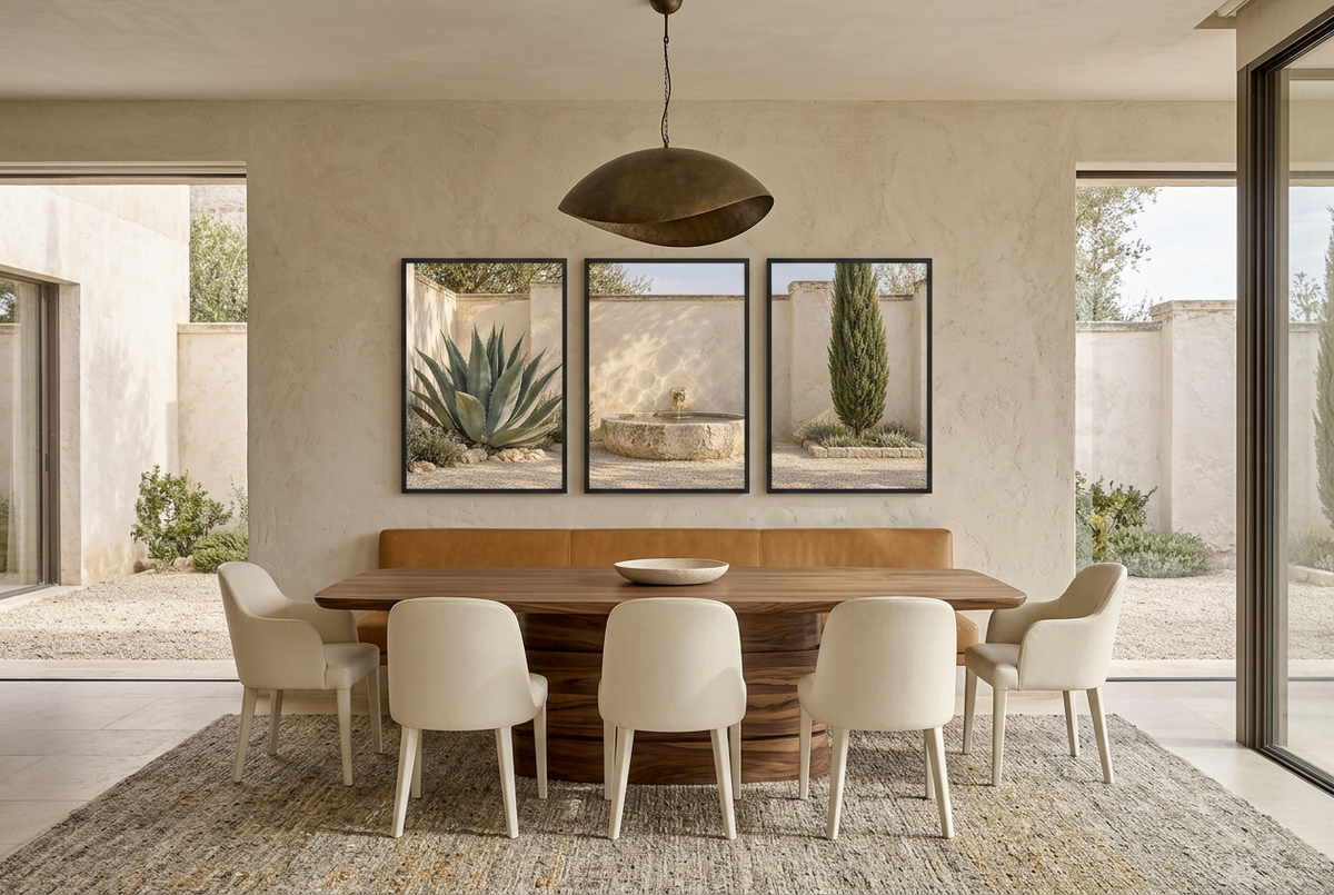 The Agave Fountain — wall triptych, black frames, in a dining room