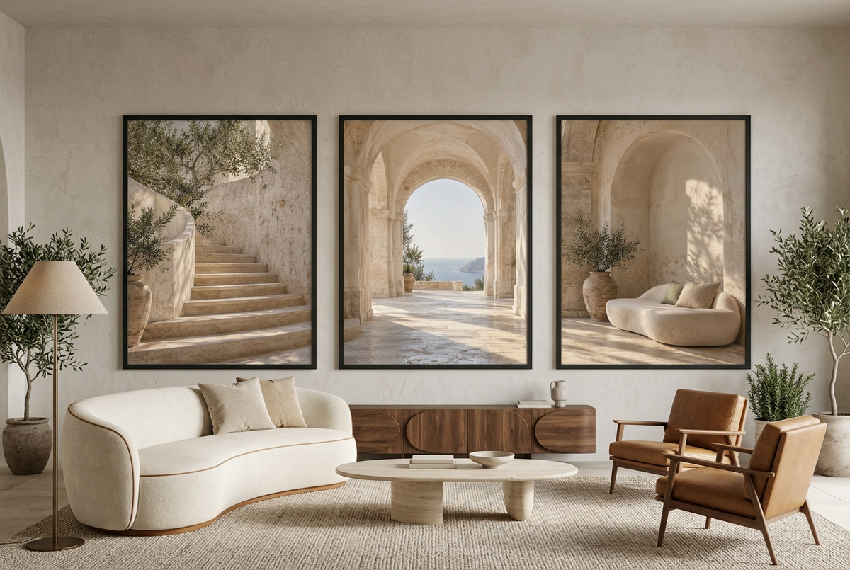 The Loggia — wall triptych, black frames, in a living room