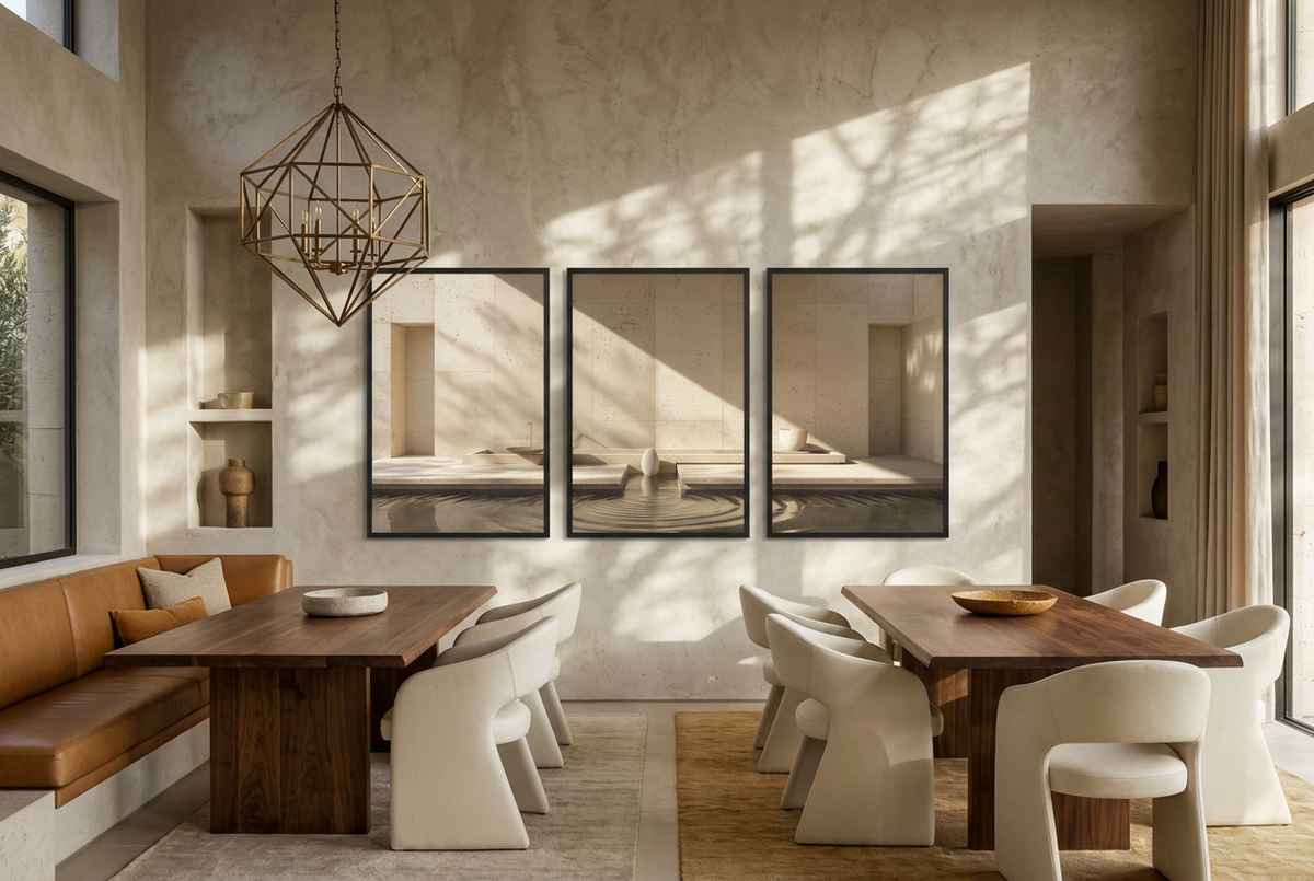 The Basin of Light — wall triptych in black frames in a dining room