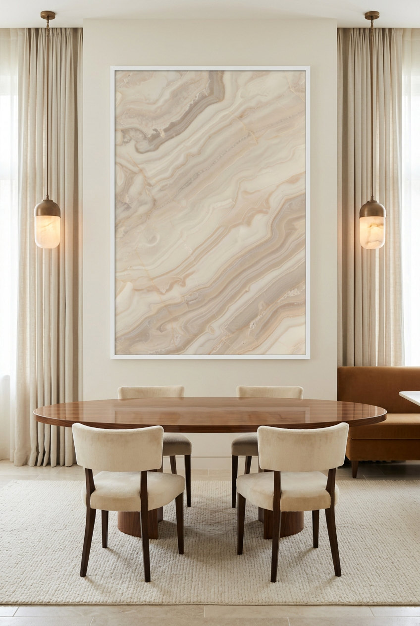 Onyx Black — poster in a white frame above a dining table