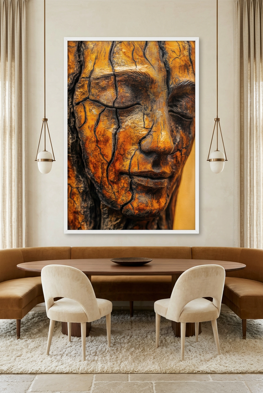 Ouro Partido — poster com moldura branca numa sala de jantar