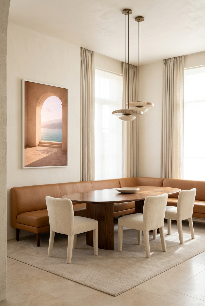 Opening on the Horizon — poster in a white frame above a dining table