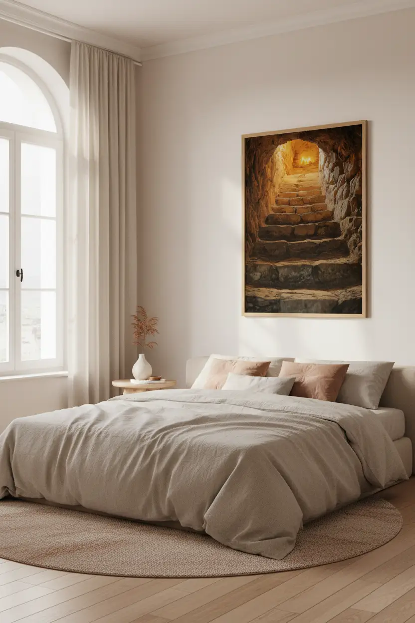 Passage Sacré — Affiche murale minimaliste ocre et beige lumière dorée — affiche murale minimaliste | Cassili-home