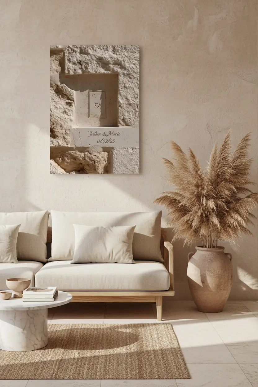 Gravé dans la Pierre, affiche murale minimaliste avec cadre bois, décoration murale salon ou chambre, style méditerranéen