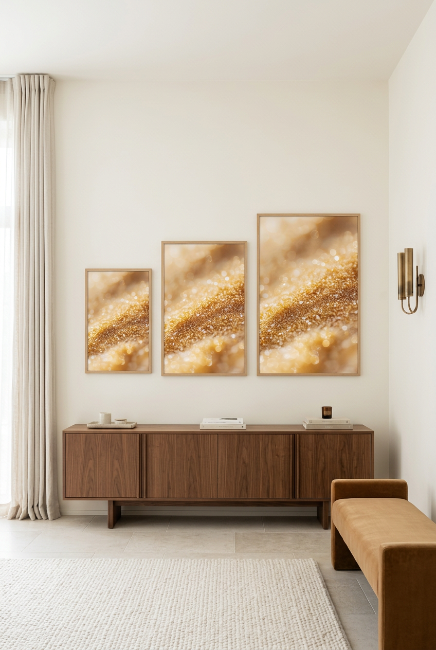 Gold Dust — three sizes of the poster in oak frames