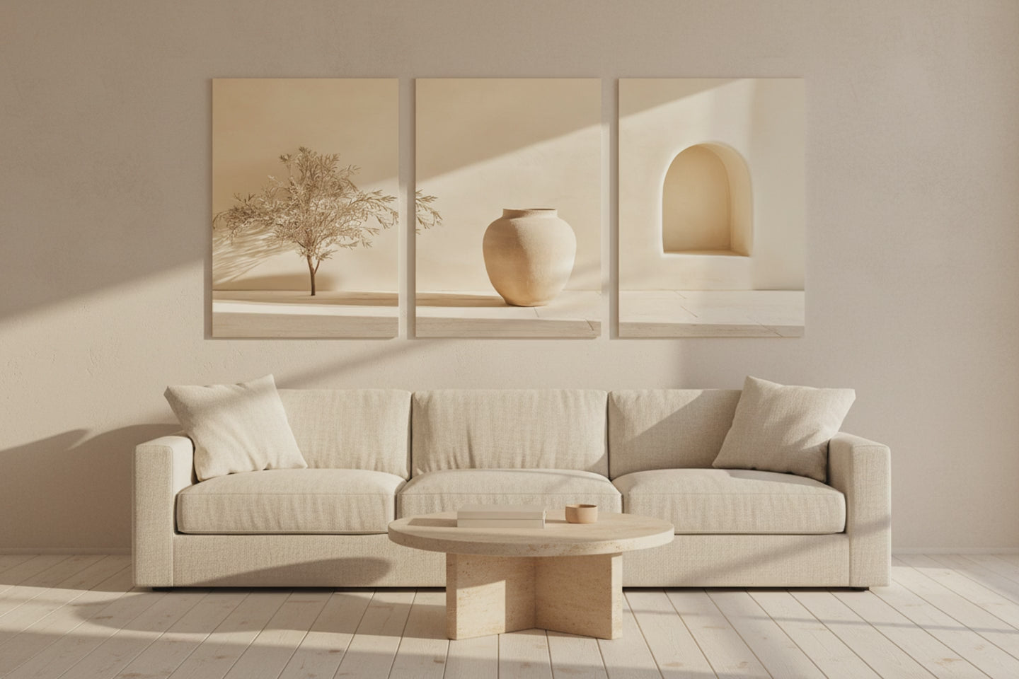 Triptyque mural La Cour Silencieuse, trois panneaux olivier jarre et arche, zoom lent sur un salon méditerranéen