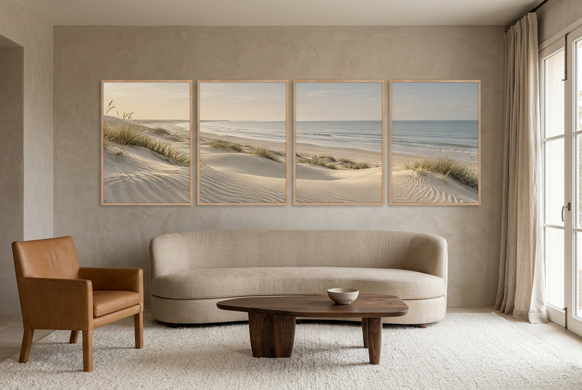 Die Dünen am Ufer — vierteiliges Wandbild: Dünen und Strandhafer am Meer, im Wohnzimmer, Eichenrahmen