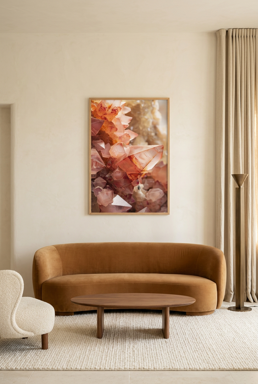 Quartzo Rosa — poster com moldura de carvalho numa sala de estar