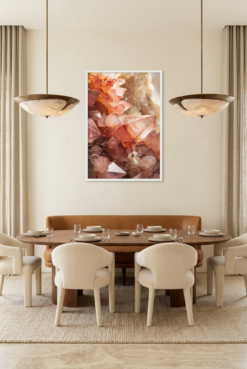 Quartzo Rosa — poster com moldura branca numa sala de jantar