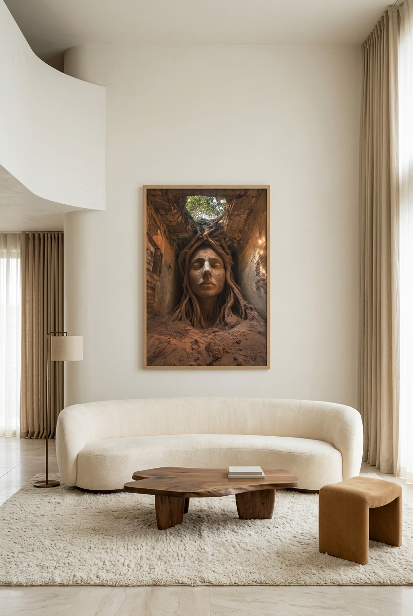 Golden Roots — poster in an oak frame in a living room