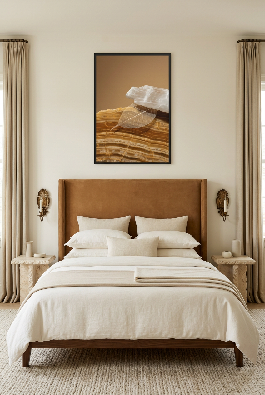 Seleniet & Blad — poster in zwarte lijst in een slaapkamer