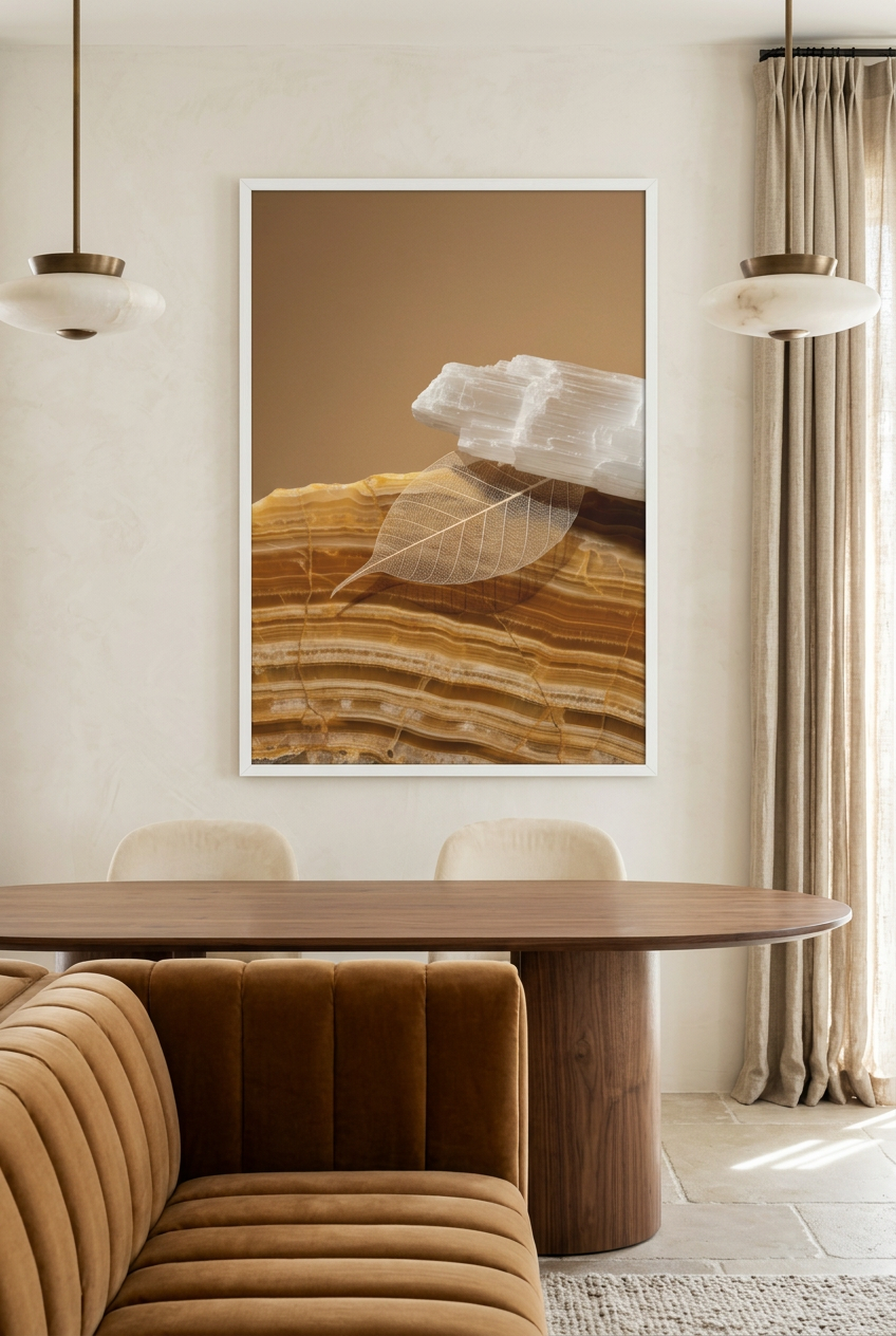 Seleniet & Blad — poster in witte lijst boven een eettafel