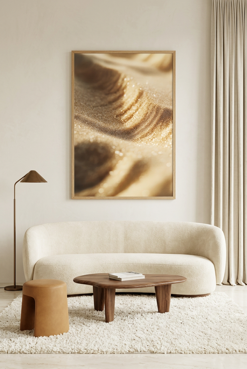 Golden Sands — poster in an oak frame in a living room