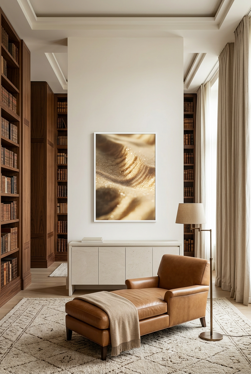 Golden Sands — poster in a white frame in a library