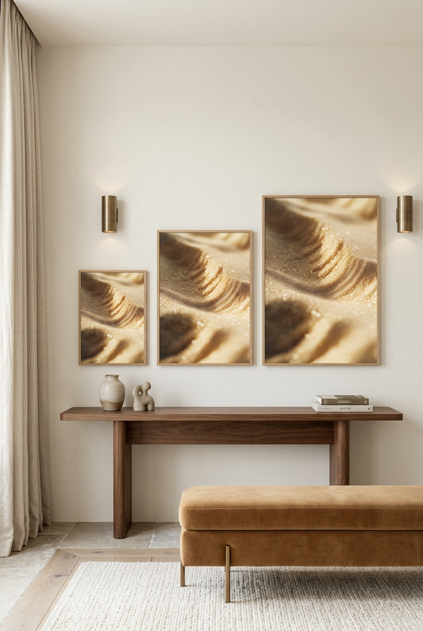 Golden Sands — three sizes of the poster in oak frames