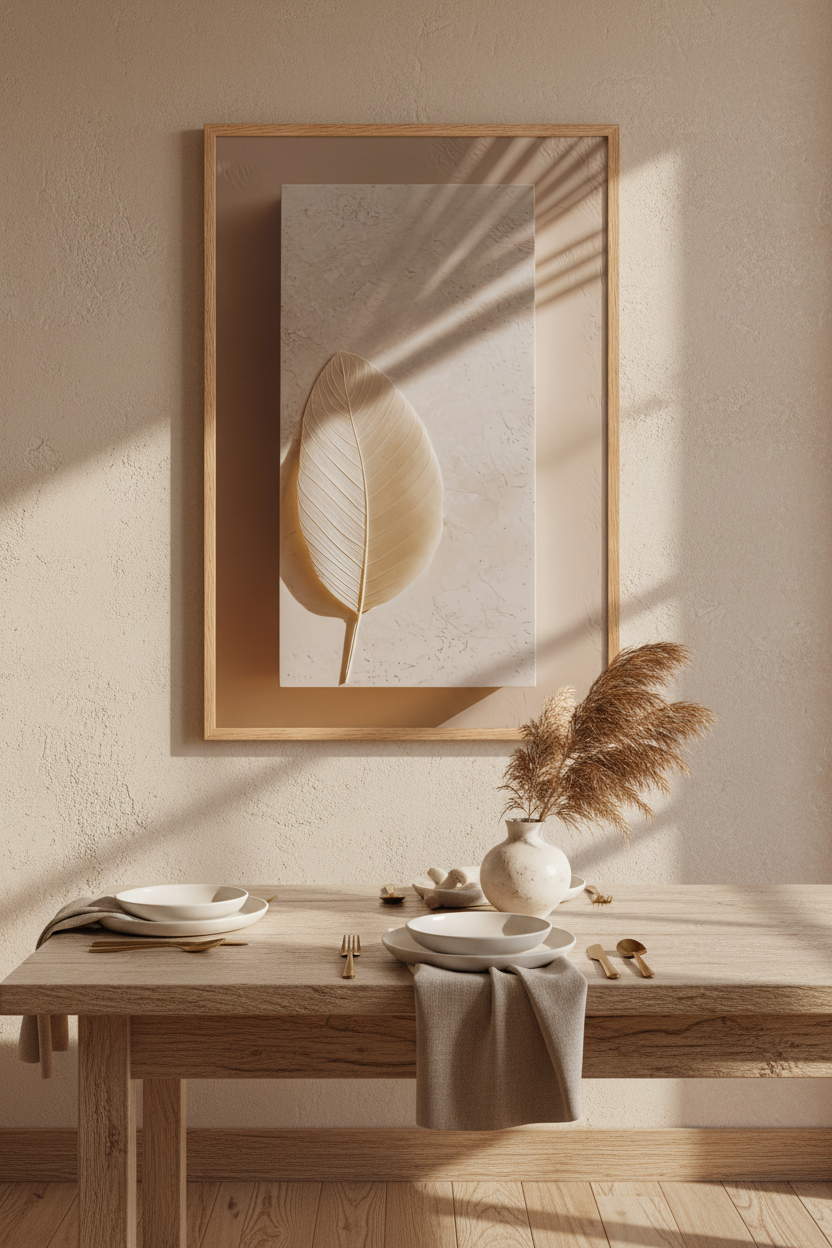 The Leaf and the Shadow poster in an oak frame in a dining room — dried leaf and radiating palm shadows