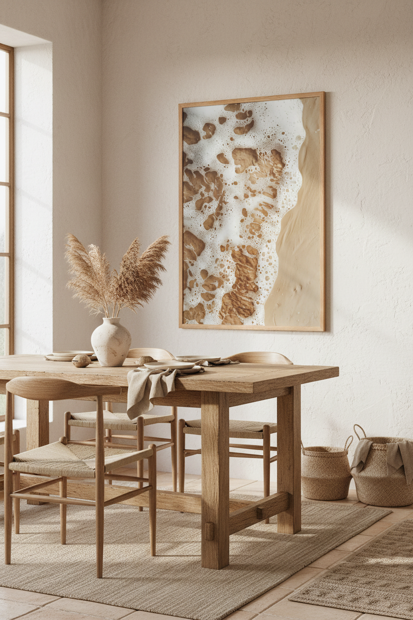 Affiche Le Sable et l'Écume encadrée chêne en salle à manger — vue aérienne d'écume sur sable ocre doré