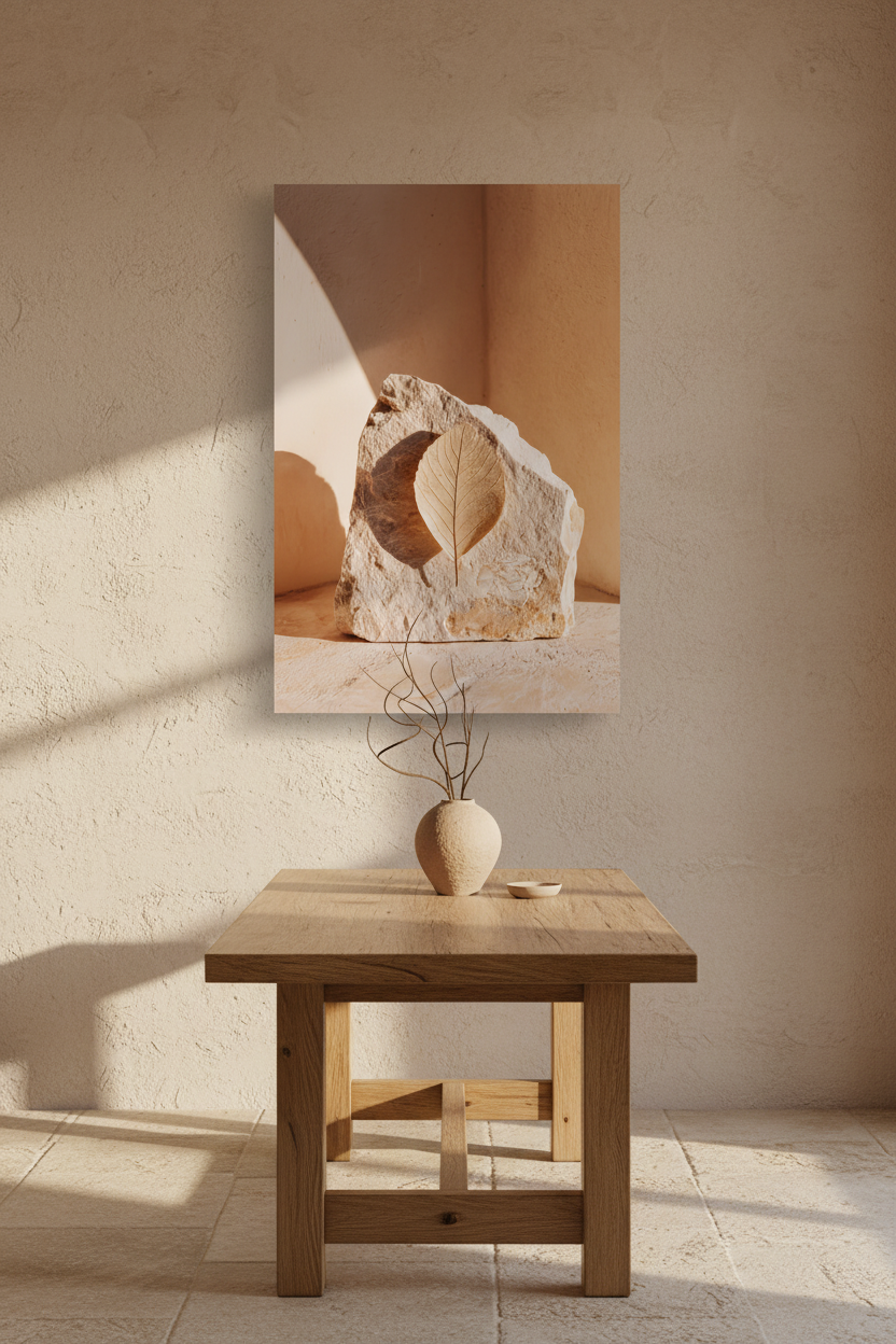 The Stone and the Leaf poster in an oak frame in a dining room — raw limestone and dried leaf on a caramel ground