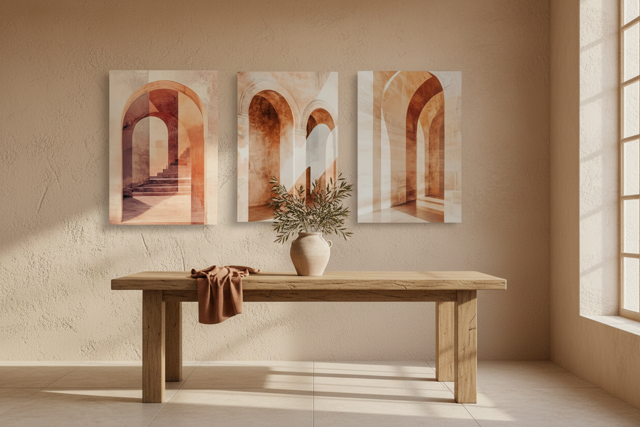 Terracotta wall triptych in a solid oak frame in a Mediterranean dining room