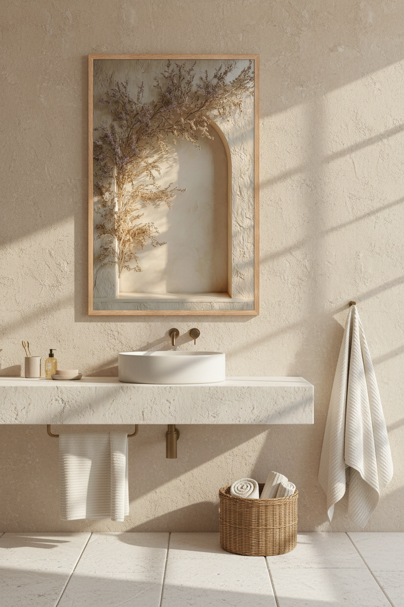 The Flowered Arch poster in a bright bathroom — golden dried lavender and ivory plaster arch