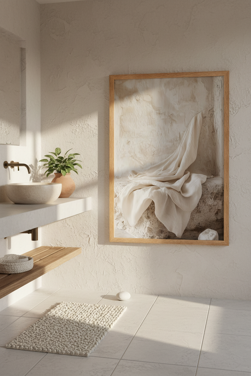 The Abandonment of Linen poster in a bright bathroom — ivory linen drapery and flaking sand plaster
