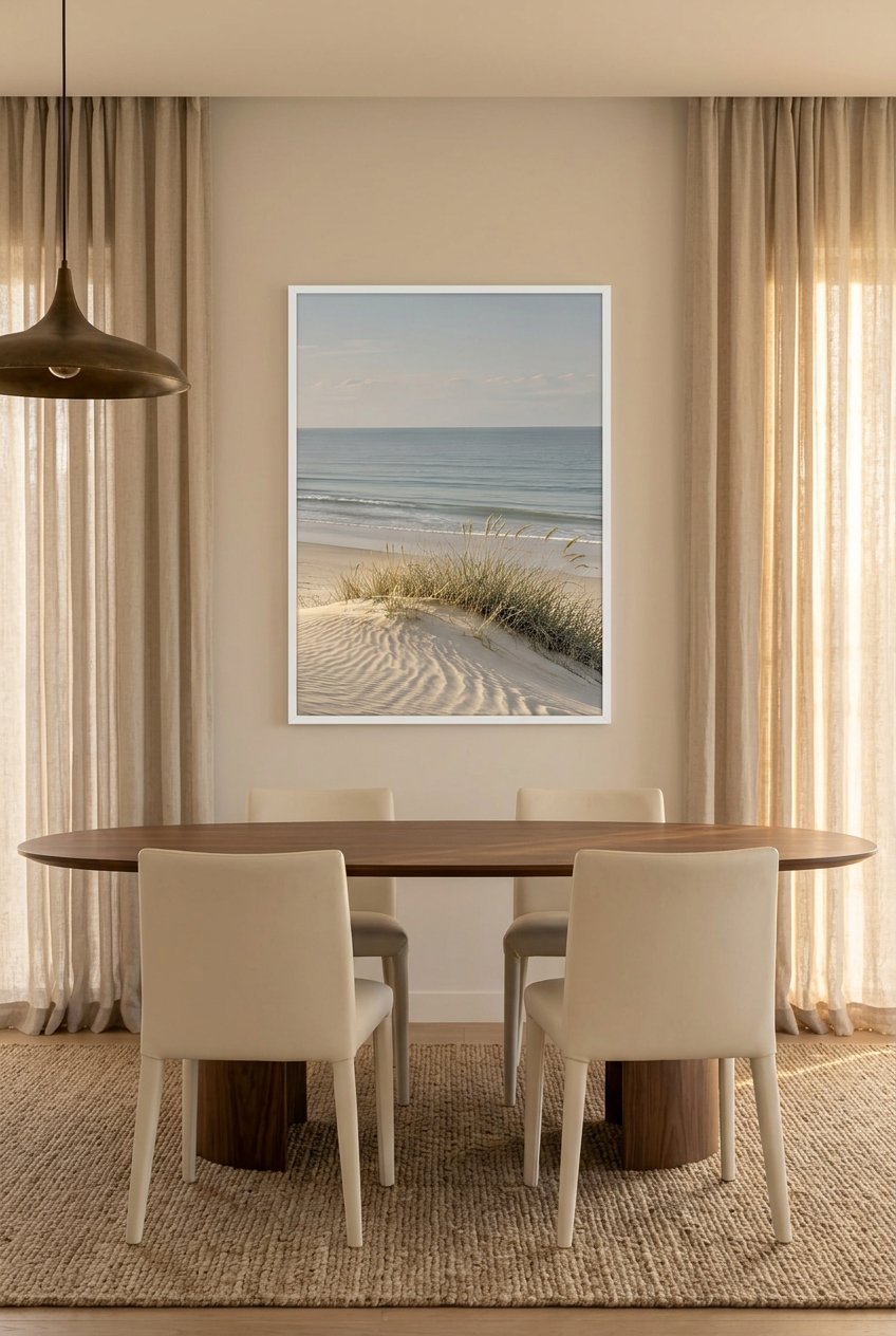 Le Sable Ridé — affiche en cadre blanc dans une salle à manger