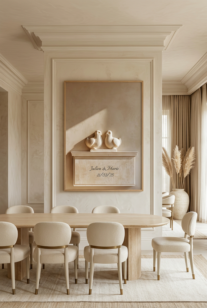 Les Colombes — affiche personnalisable : deux colombes sculptées sur une stèle de pierre avec prénoms et date, dans une salle à manger en pierre