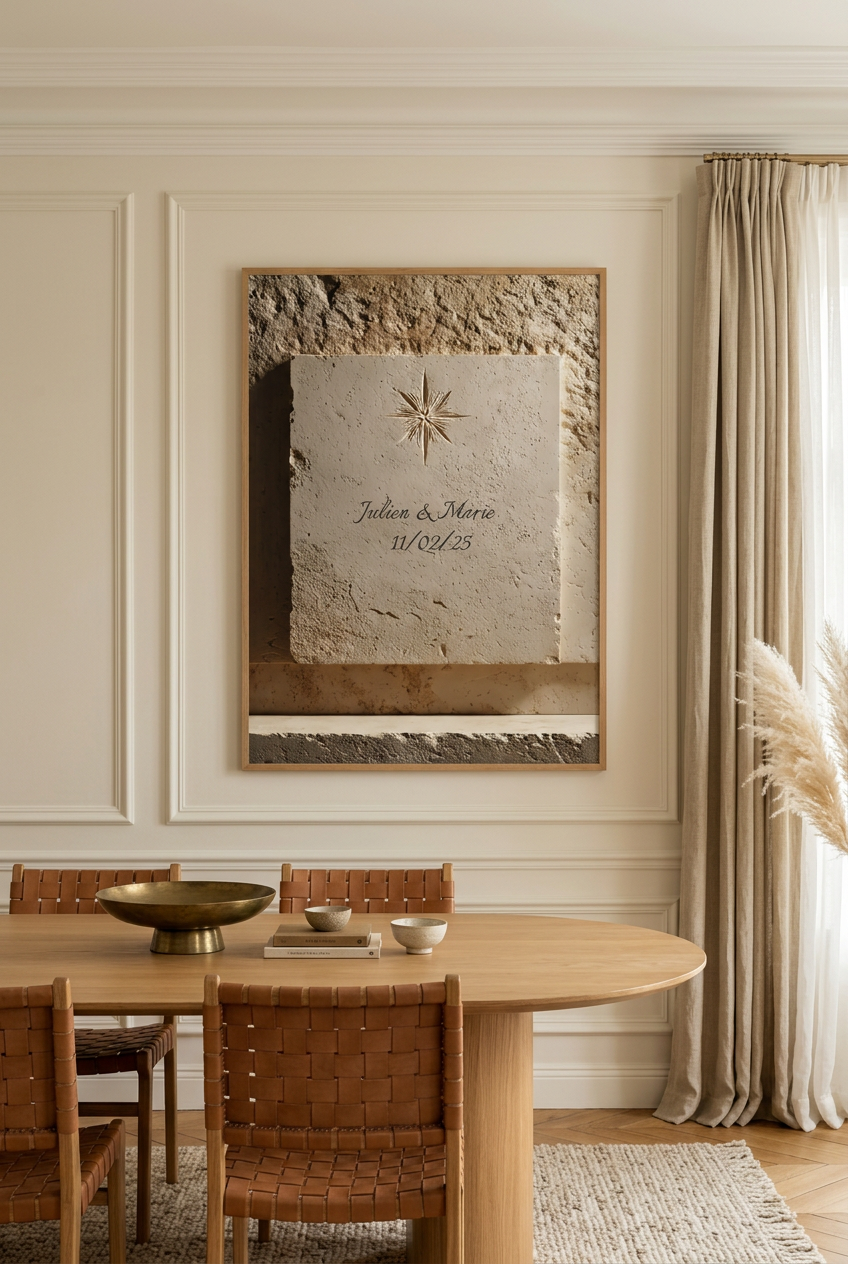 The Engraved Star — personalised wall poster: star engraved in stone with names and a date, in a dining room